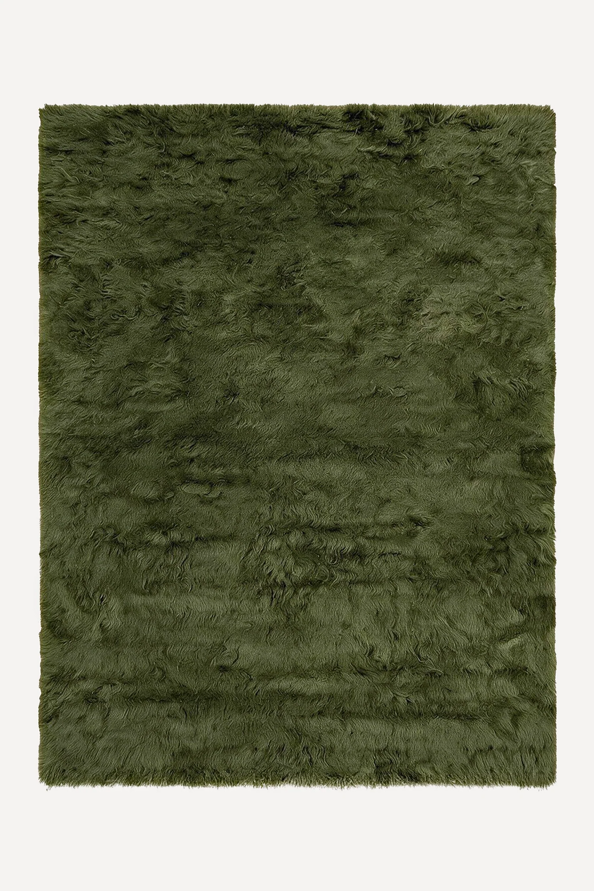 Dark Olive hand-knotted shag wool rug by JUBI, shown flat from above