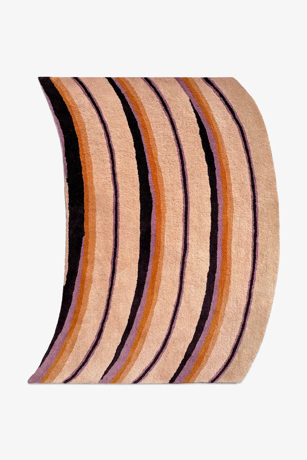 Striped modern rug with with black, orange, purple and beige colors with an arched irregular silhouette hand tufted in wool