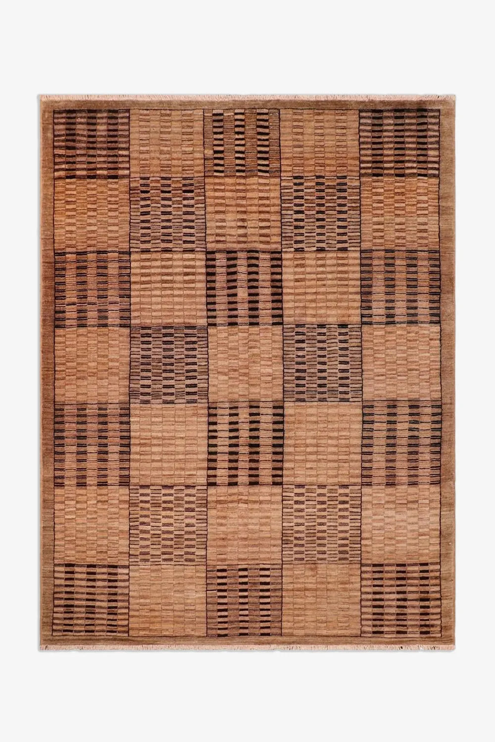 Natural wool checkered rug in neutral tan and brown tones, shown in 8x10 size, perfect for modern dining rooms, living rooms, and Japandi interiors