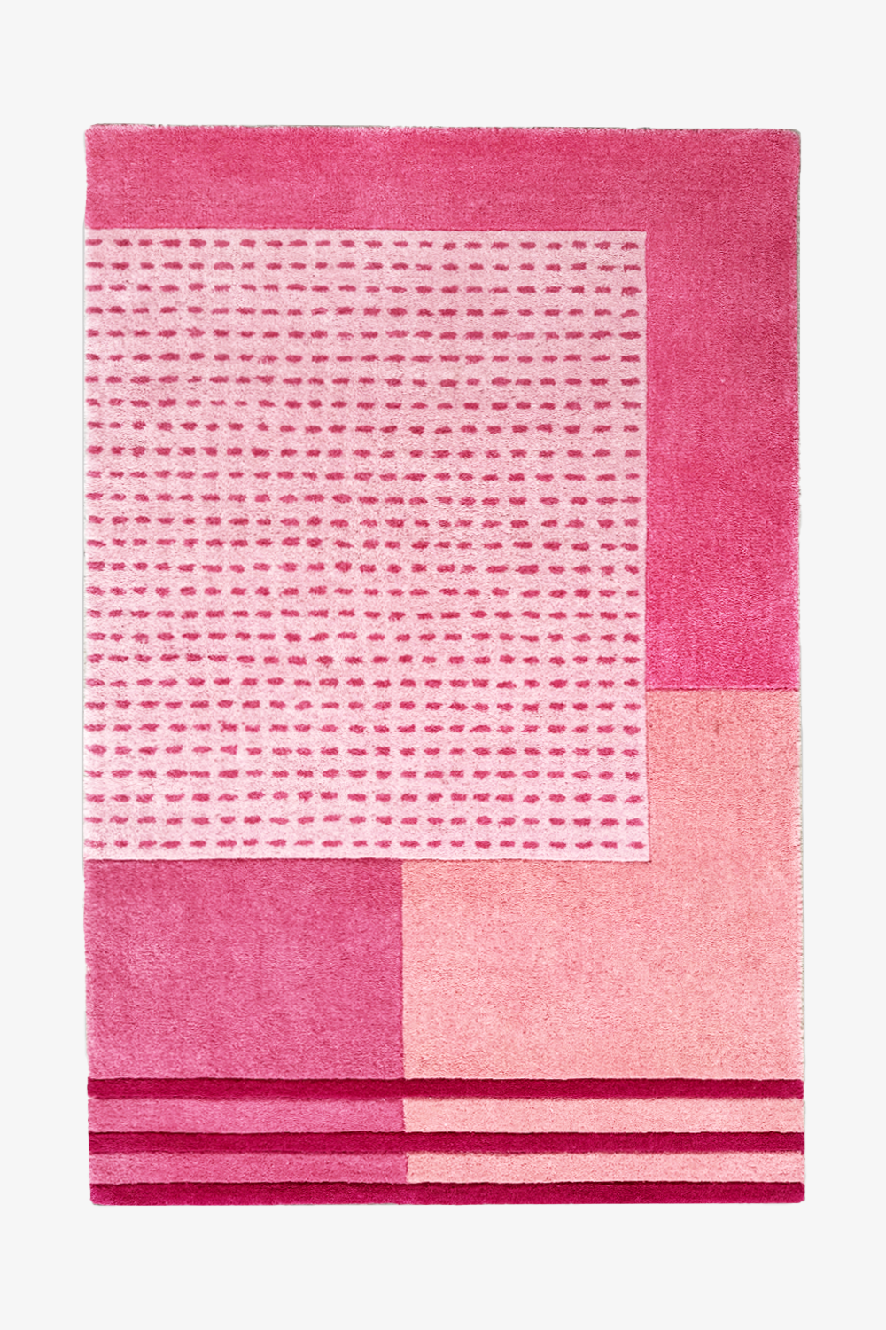 5x8 pink modern wool rug with geometric blocks, dotted texture, and sculpted striped border design